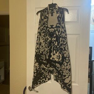 BCBG Black and White Open Sweater Cardigan Vest Shrug with Waist Tie